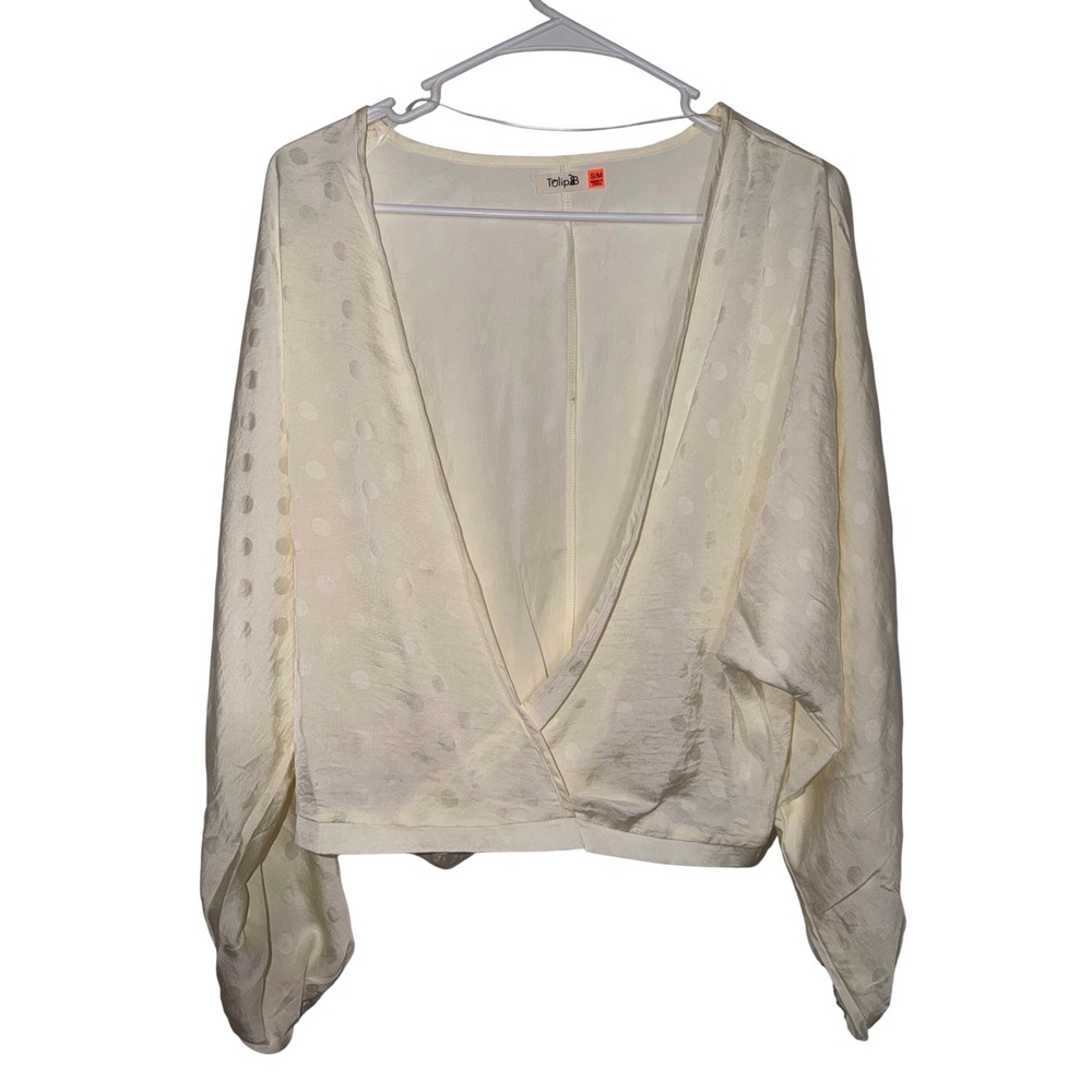 Tulip B Cream Jacquard Polka‎ Dot Wrap Blouse Long Sleeve V-Neck S/M